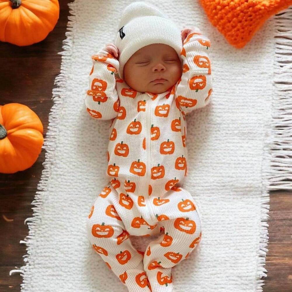 NEW SPEARMINTLOVE kids organic waffle zip footie in jack-o’-lantern